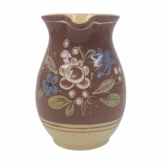 Redware Pitcher Floral Hand Painted Farmhouse - Picture 2 of 12